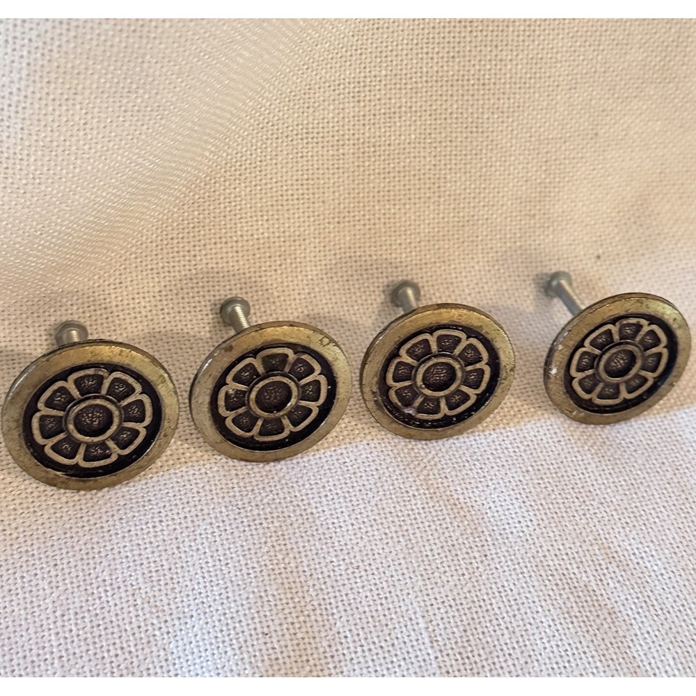 4 MCM Brass HYER DRAWER PULLS Cabinet Knob Flower Round Medallion Daisy Sunburst